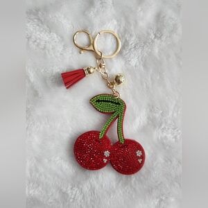 Cherry Keychain with Red and Green Rhinestones Beautiful Bag Charm